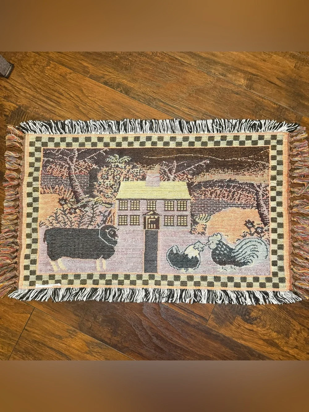 Cottagecore Farmhouse Rug Woven Folk Art Sheep Chicken Rustic Heritage Grandma